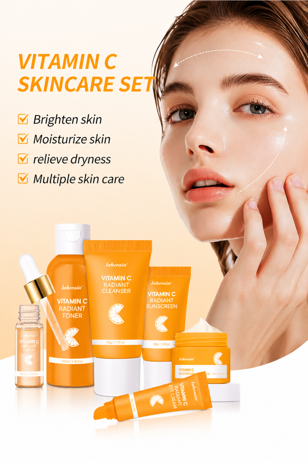 Lakerain Vitamin C Skin Care Set 6pcs Kit Whitening Cream Dark Spots Serum Dark Circle Eye